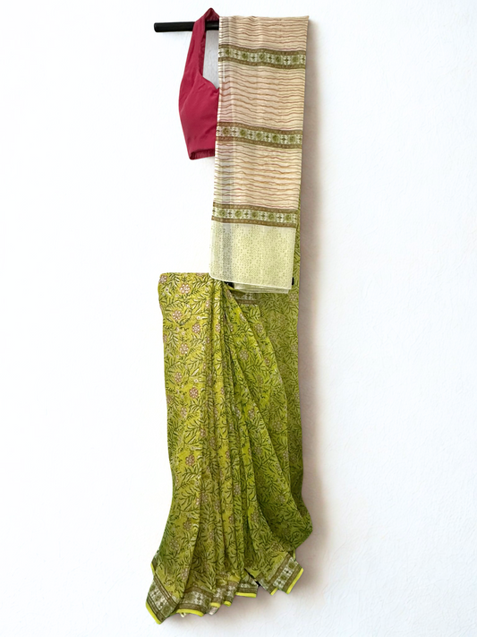 Green Blossom Chanderi Silk Saree